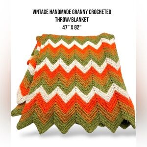 Vintage Handmade Granny  47”x82”Crocheted Zigzag Blanket Green Orange White‎